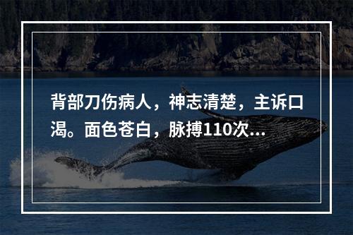 背部刀伤病人，神志清楚，主诉口渴。面色苍白，脉搏110次/分