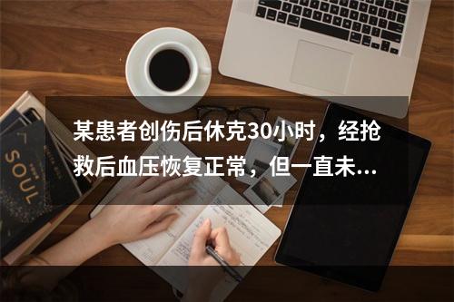 某患者创伤后休克30小时，经抢救后血压恢复正常，但一直未排尿