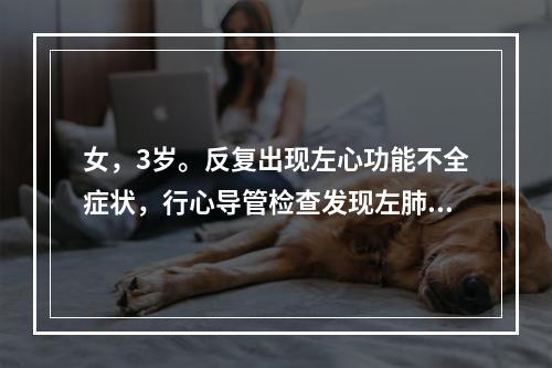 女，3岁。反复出现左心功能不全症状，行心导管检查发现左肺动脉