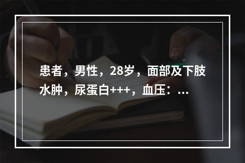 患者，男性，28岁，面部及下肢水肿，尿蛋白+++，血压：15