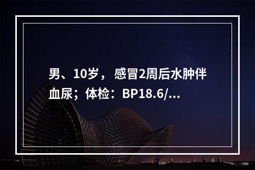 男、10岁， 感冒2周后水肿伴血尿；体检：BP18.6/12