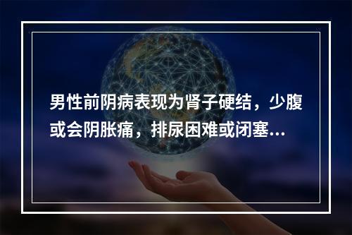 男性前阴病表现为肾子硬结，少腹或会阴胀痛，排尿困难或闭塞不通