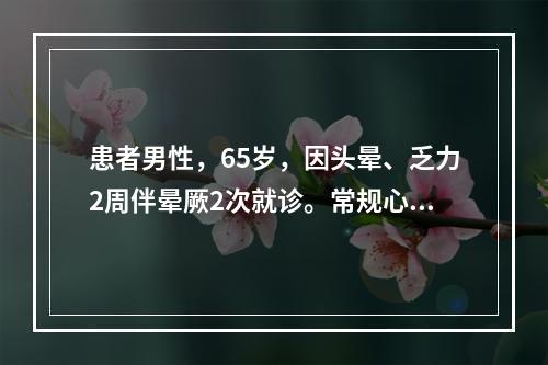 患者男性，65岁，因头晕、乏力2周伴晕厥2次就诊。常规心电图