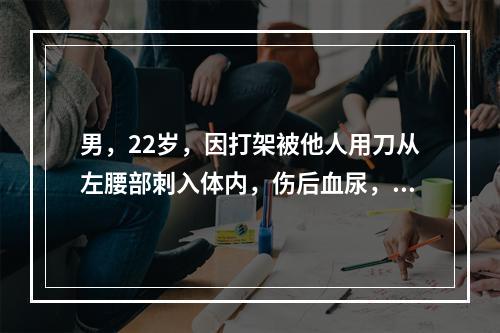 男，22岁，因打架被他人用刀从左腰部刺入体内，伤后血尿，腹痛