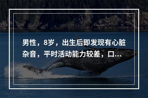 男性，8岁，出生后即发现有心脏杂音，平时活动能力较差，口唇青