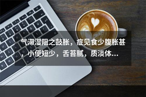 气滞湿阻之鼓胀，症见食少腹胀甚，小便短少，舌苔腻，质淡体胖，