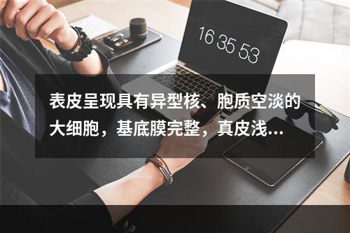 表皮呈现具有异型核、胞质空淡的大细胞，基底膜完整，真皮浅层炎