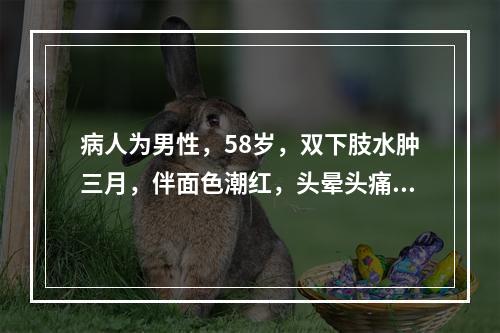 病人为男性，58岁，双下肢水肿三月，伴面色潮红，头晕头痛，心