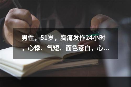 男性，51岁，胸痛发作24小时，心悸、气短、面色苍白，心电图