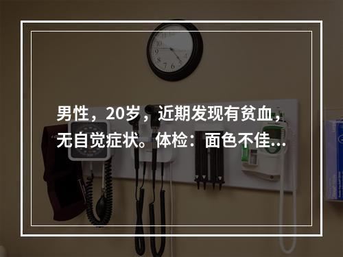 男性，20岁，近期发现有贫血，无自觉症状。体检：面色不佳，脾