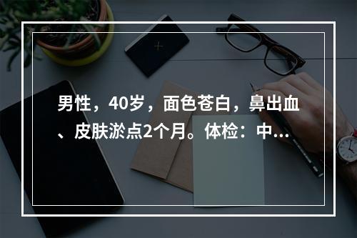 男性，40岁，面色苍白，鼻出血、皮肤淤点2个月。体检：中度贫