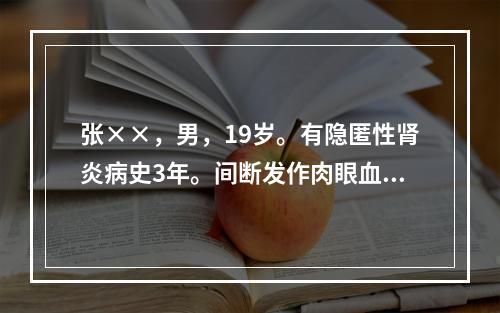 张××，男，19岁。有隐匿性肾炎病史3年。间断发作肉眼血尿，