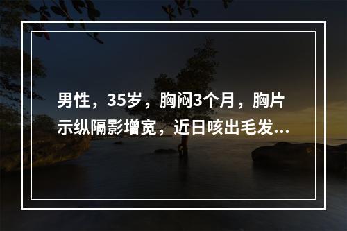 男性，35岁，胸闷3个月，胸片示纵隔影增宽，近日咳出毛发样物