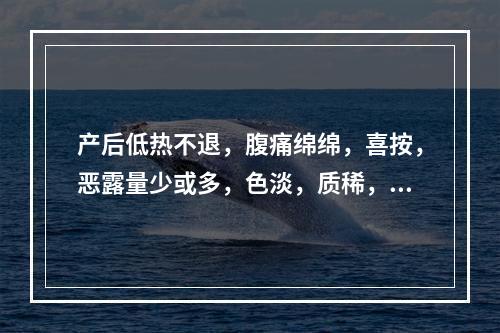 产后低热不退，腹痛绵绵，喜按，恶露量少或多，色淡，质稀，自汗