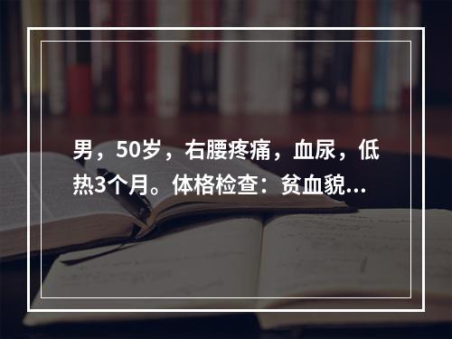 男，50岁，右腰疼痛，血尿，低热3个月。体格检查：贫血貌，腹