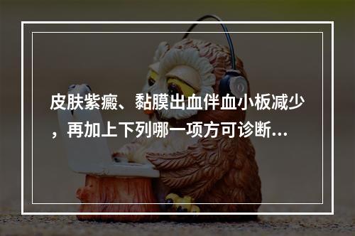 皮肤紫癜、黏膜出血伴血小板减少，再加上下列哪一项方可诊断为I