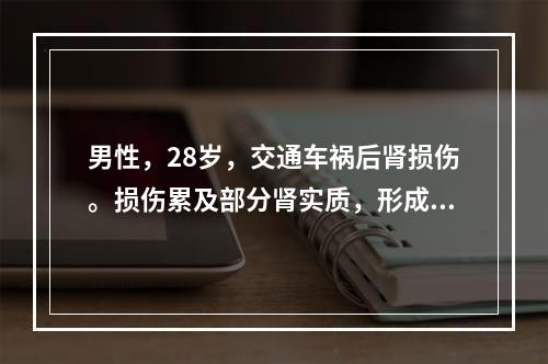 男性，28岁，交通车祸后肾损伤。损伤累及部分肾实质，形成肾瘀