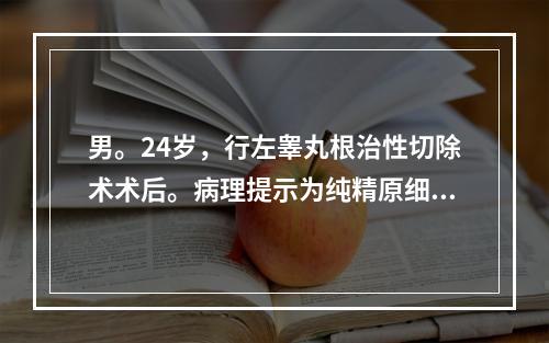 男。24岁，行左睾丸根治性切除术术后。病理提示为纯精原细胞瘤