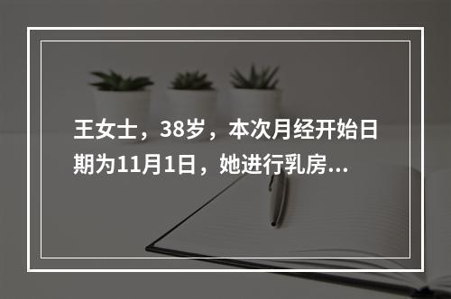 王女士，38岁，本次月经开始日期为11月1日，她进行乳房自我