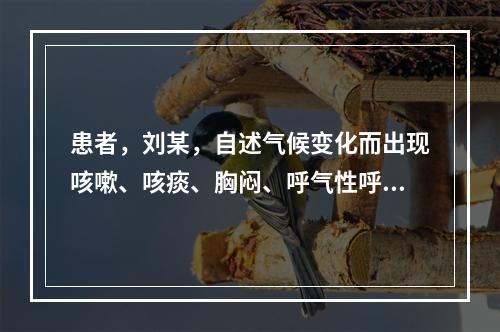 患者，刘某，自述气候变化而出现咳嗽、咳痰、胸闷、呼气性呼吸困