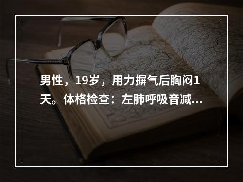 男性，19岁，用力摒气后胸闷1天。体格检查：左肺呼吸音减弱。