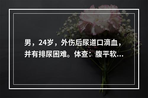 男，24岁，外伤后尿道口滴血，并有排尿困难。体查：腹平软，腹