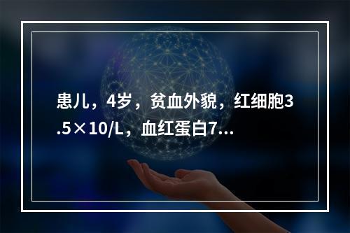 患儿，4岁，贫血外貌，红细胞3.5×10/L，血红蛋白75g