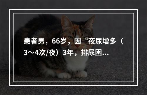 患者男，66岁，因“夜尿增多（3～4次/夜）3年，排尿困难、