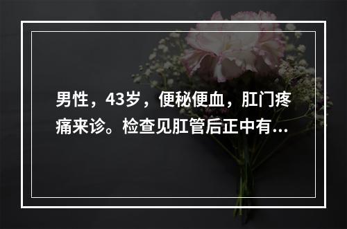 男性，43岁，便秘便血，肛门疼痛来诊。检查见肛管后正中有梭形