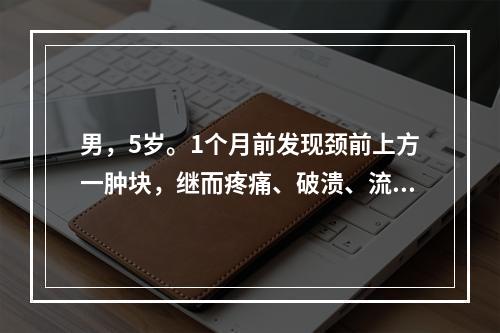 男，5岁。1个月前发现颈前上方一肿块，继而疼痛、破溃、流脓，