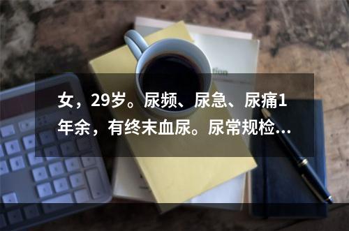 女，29岁。尿频、尿急、尿痛1年余，有终末血尿。尿常规检查：