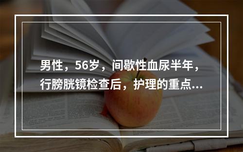 男性，56岁，间歇性血尿半年，行膀胱镜检查后，护理的重点是