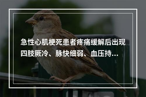 急性心肌梗死患者疼痛缓解后出现四肢厥冷、脉快细弱、血压持续下