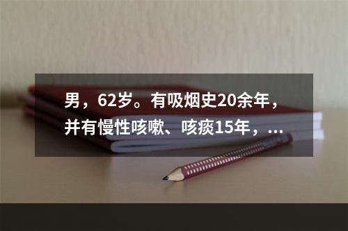 男，62岁。有吸烟史20余年，并有慢性咳嗽、咳痰15年，近年