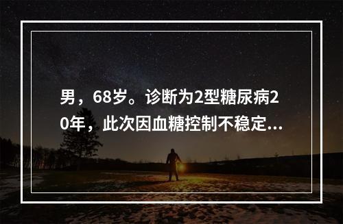 男，68岁。诊断为2型糖尿病20年，此次因血糖控制不稳定收住