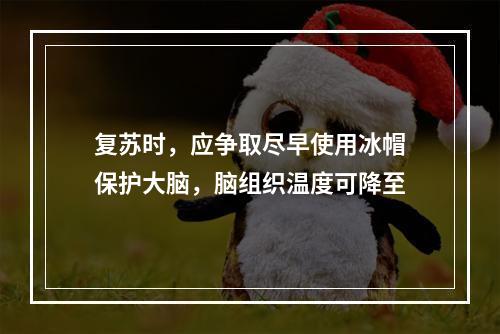 复苏时，应争取尽早使用冰帽保护大脑，脑组织温度可降至