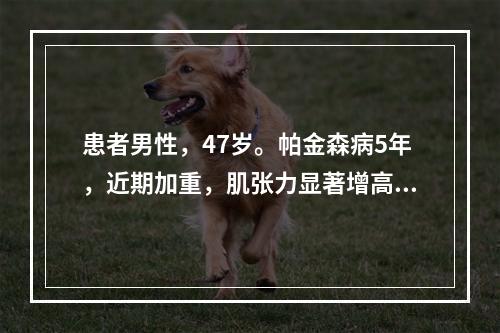 患者男性，47岁。帕金森病5年，近期加重，肌张力显著增高，呈