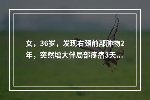 女，36岁，发现右颈前部肿物2年，突然增大伴局部疼痛3天，无