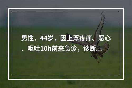 男性，44岁，因上浮疼痛、恶心、呕吐10h前来急诊，诊断急性