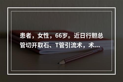 患者，女性，66岁。近日行胆总管切开取石、T管引流术，术后观