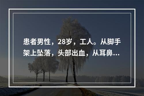 患者男性，28岁，工人。从脚手架上坠落，头部出血，从耳鼻流出