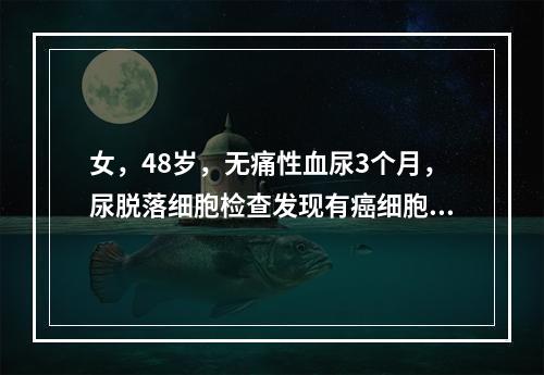 女，48岁，无痛性血尿3个月，尿脱落细胞检查发现有癌细胞，可