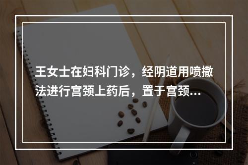 王女士在妇科门诊，经阴道用喷撒法进行宫颈上药后，置于宫颈部的