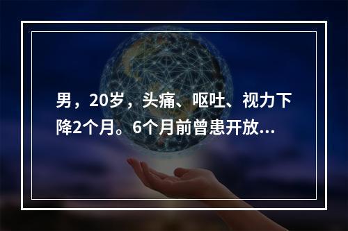 男，20岁，头痛、呕吐、视力下降2个月。6个月前曾患开放性颅