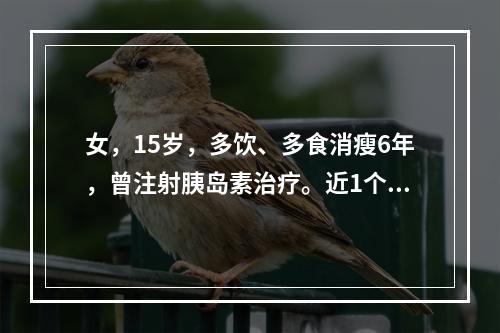 女，15岁，多饮、多食消瘦6年，曾注射胰岛素治疗。近1个月来