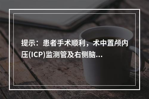 提示：患者手术顺利，术中置颅内压(ICP)监测管及右侧脑室外