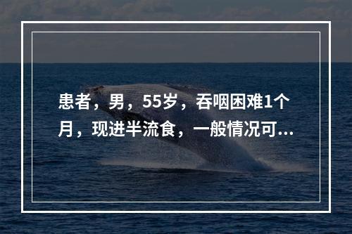 患者，男，55岁，吞咽困难1个月，现进半流食，一般情况可，食