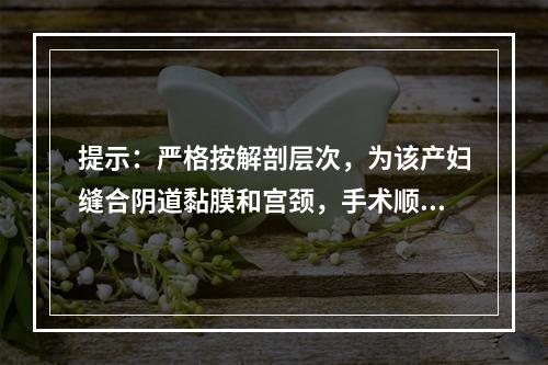 提示：严格按解剖层次，为该产妇缝合阴道黏膜和宫颈，手术顺利，