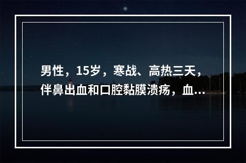 男性，15岁，寒战、高热三天，伴鼻出血和口腔黏膜溃疡，血象红