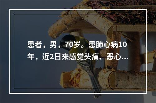 患者，男，70岁。患肺心病10年，近2日来感觉头痛、恶心、烦